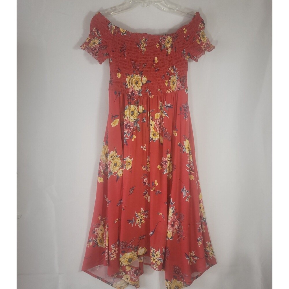 Nevena Rae Red Floral Off Shoulder Smocked Romantic Garden Party Scarf Dress L